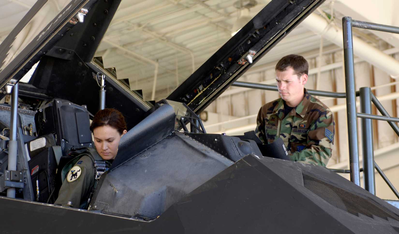 Air Force Capt. Christina Szasz prepares an F-117 Nighthawk for takeoff at Holloman Air Force Base.