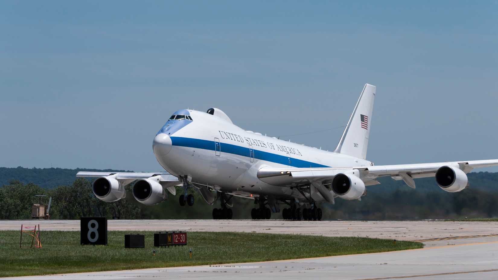 Air Force E-4B National Airborne Operations Center aircraft takes off from Offutt Air Force Base, Nebraska, July 10, 2019.