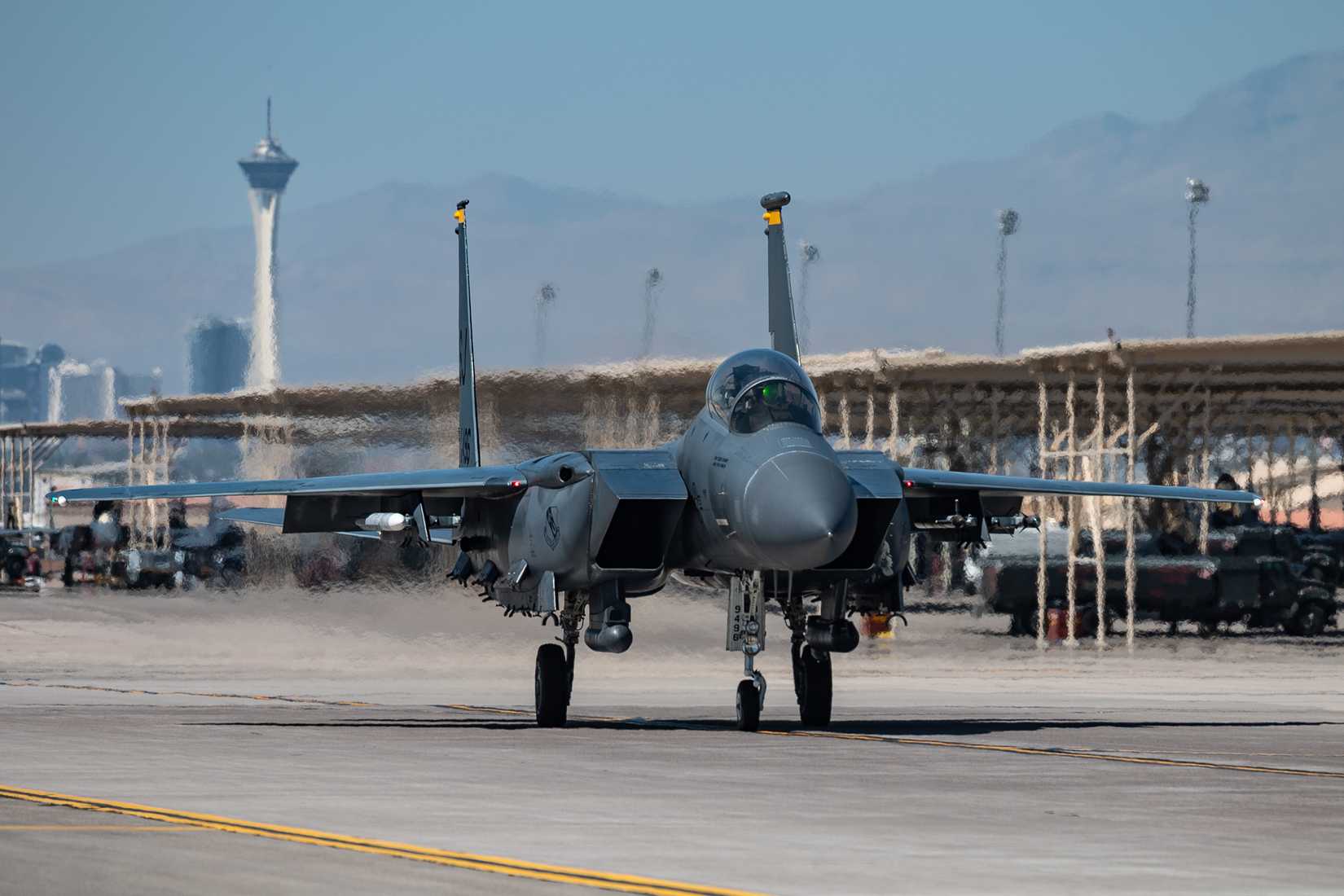 Air Force F-15E Strike Eagle assigned to the 4th Fighter Wing, Seymour Johnson Air Force Base (AFB), North Carolina, taxis out for a mission during Red Flag-Nellis 25-3