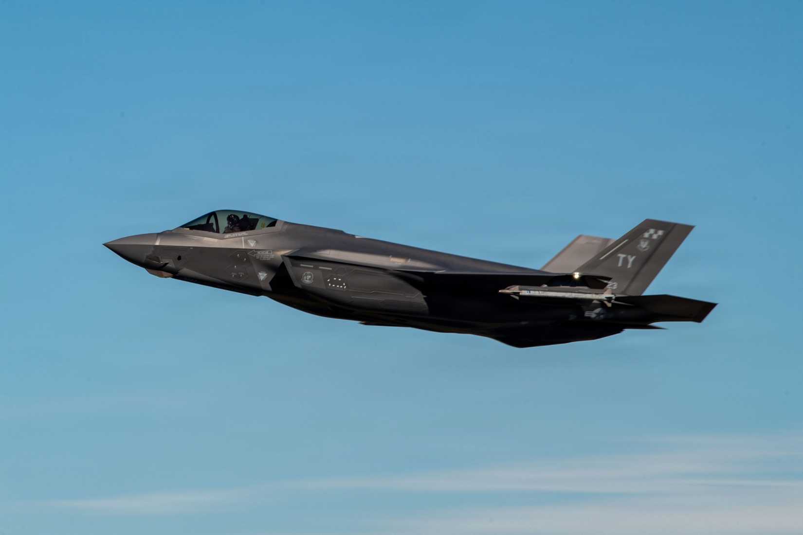 Air Force F-35 Lightning II aircraft, assigned to the 325th Fighter Wing, takes off during Checkered Flag 26-1.