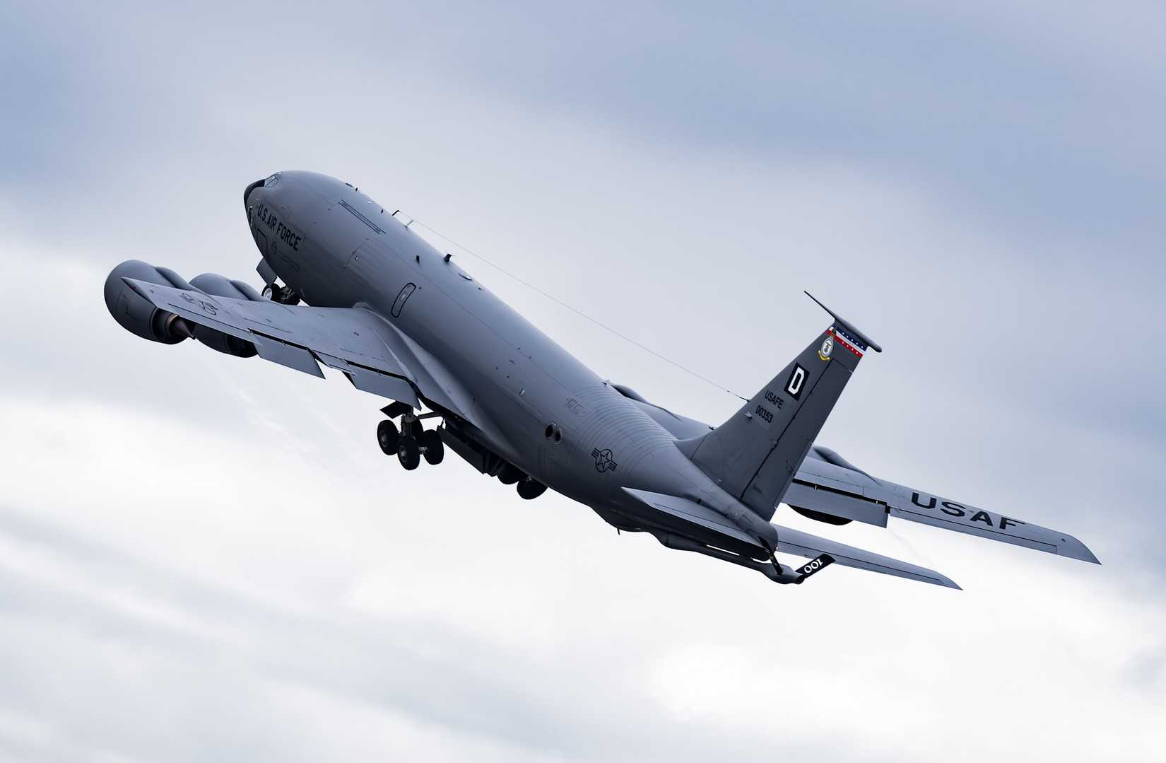 Air Force KC-135 Stratotanker, assigned to the 100th Air Refueling Wing, embarks on a refueling mission from RAF Mildenhall, England, August 21, 2025.