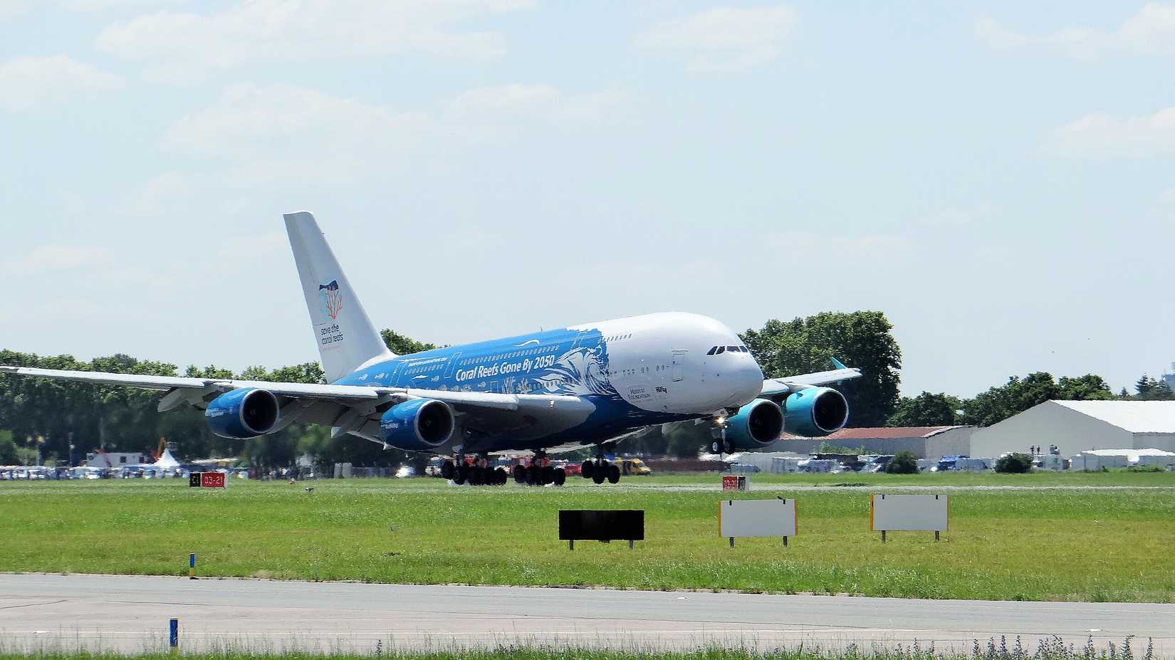 Airbus A380 9H-MIP, of the airline HiFly Malta, on demonstration at the Paris Air Show