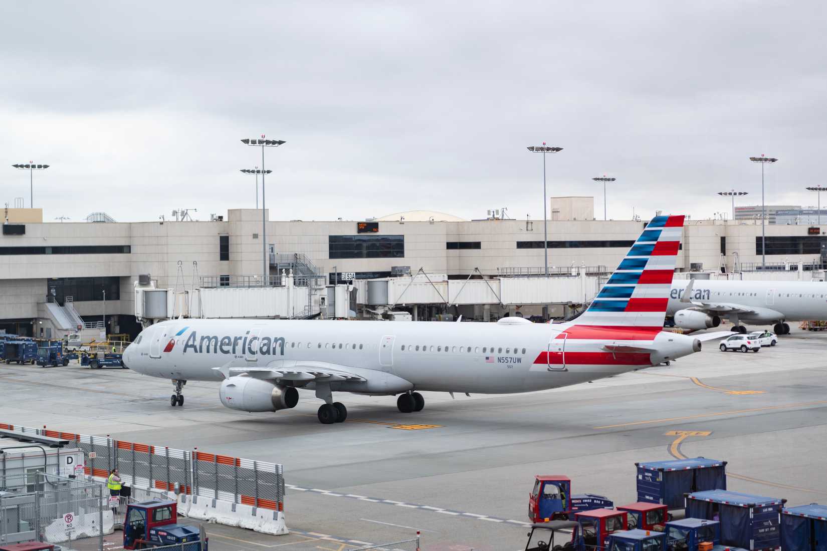 American Airlines plane arriving at terminal.