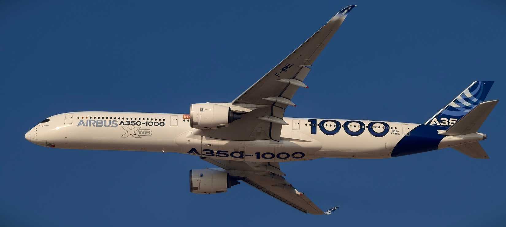 An Airbus A350-1000 aircraft. It is a long-range, wide-body, twin-engine aircraft developed by Airbus.