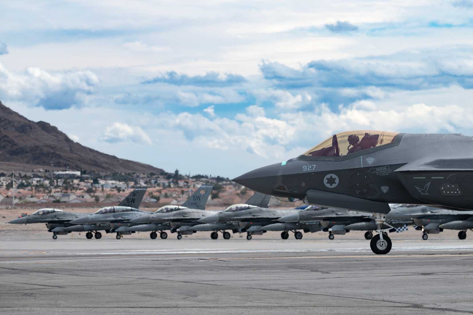 An Israeli F-35I Adir assigned to 140 Squadron, Nevatim Air Base, taxis out for a mission.