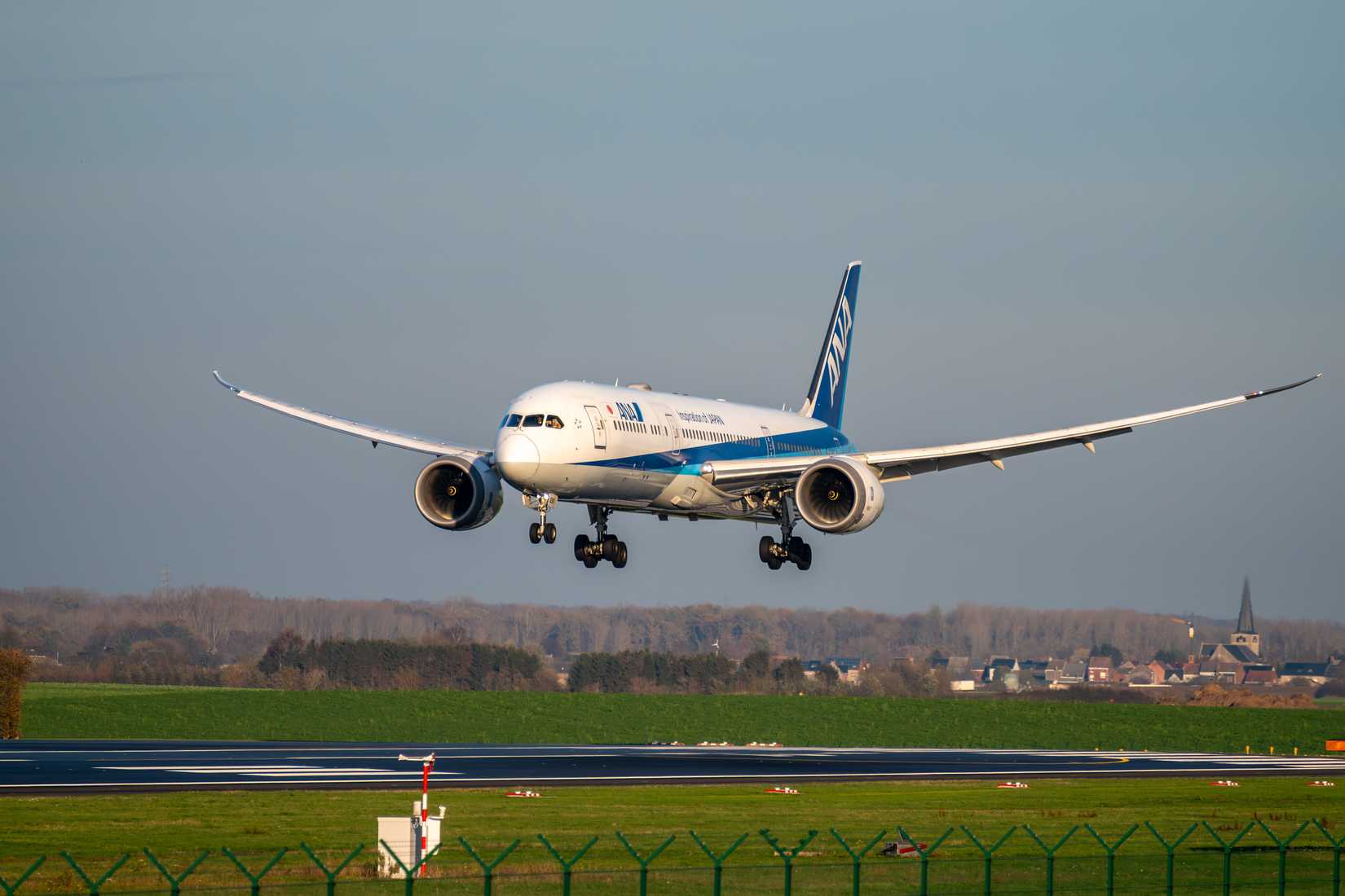 ANA Boeing 787 Dreamliner approaching Brussels Airport.