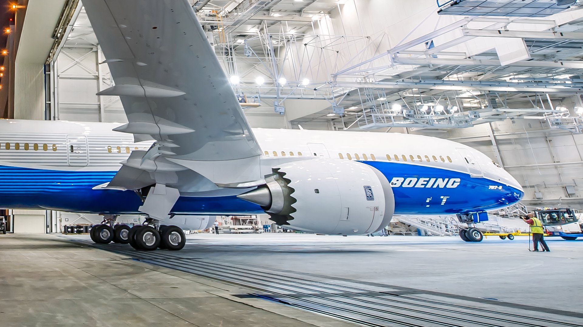 Boeing 787-9 in house Boeing livery in hangar