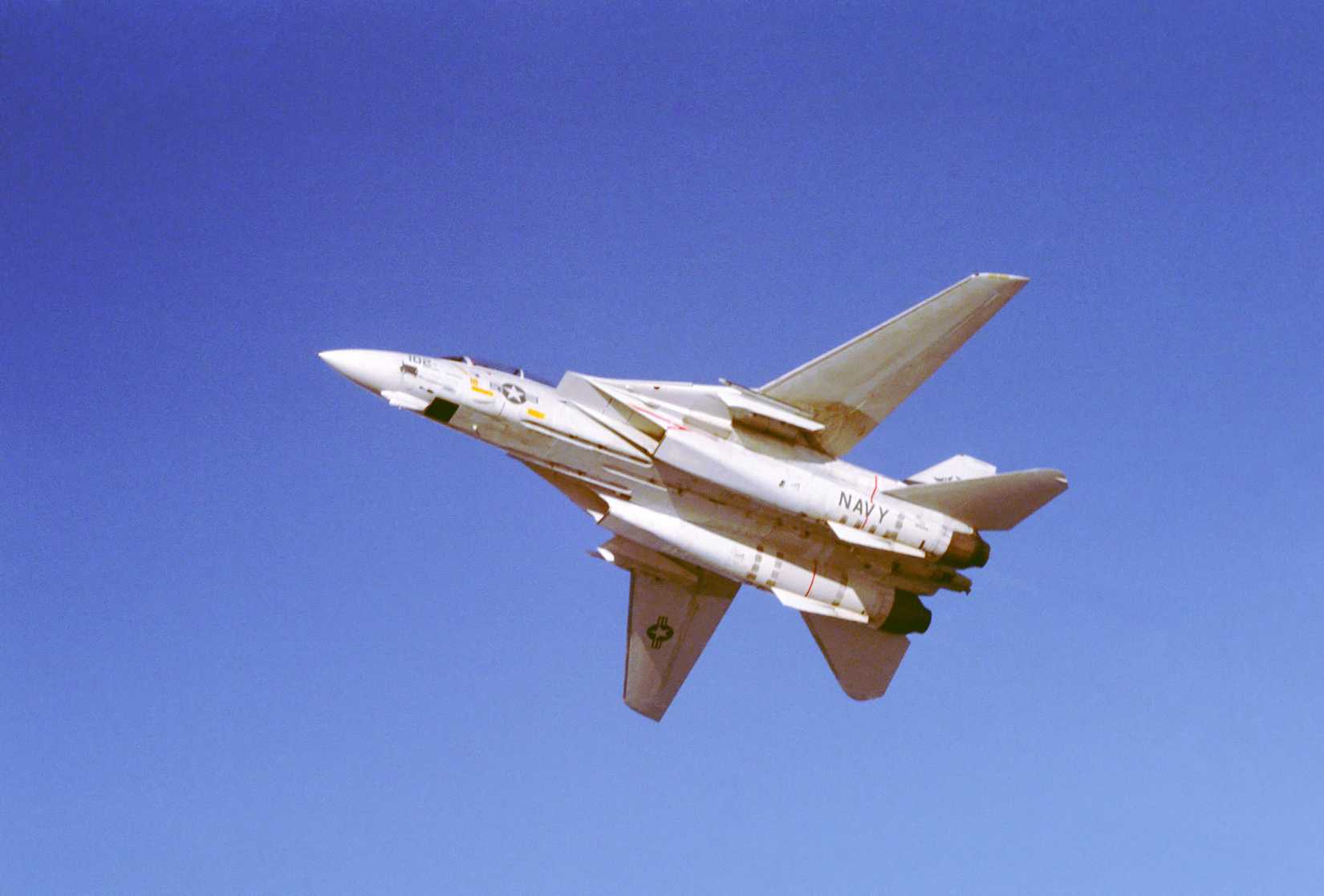 Bottom view of the F-14A Tomcat aircraft in flight