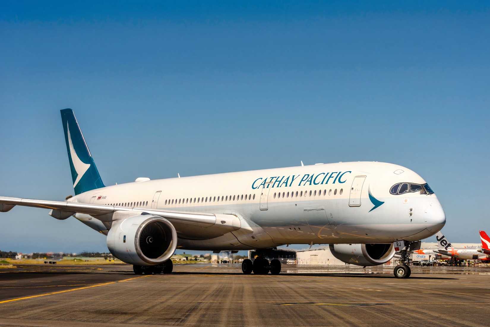 Cathay Pacific Airbus A350-900 pulling on stand in Adelaide
