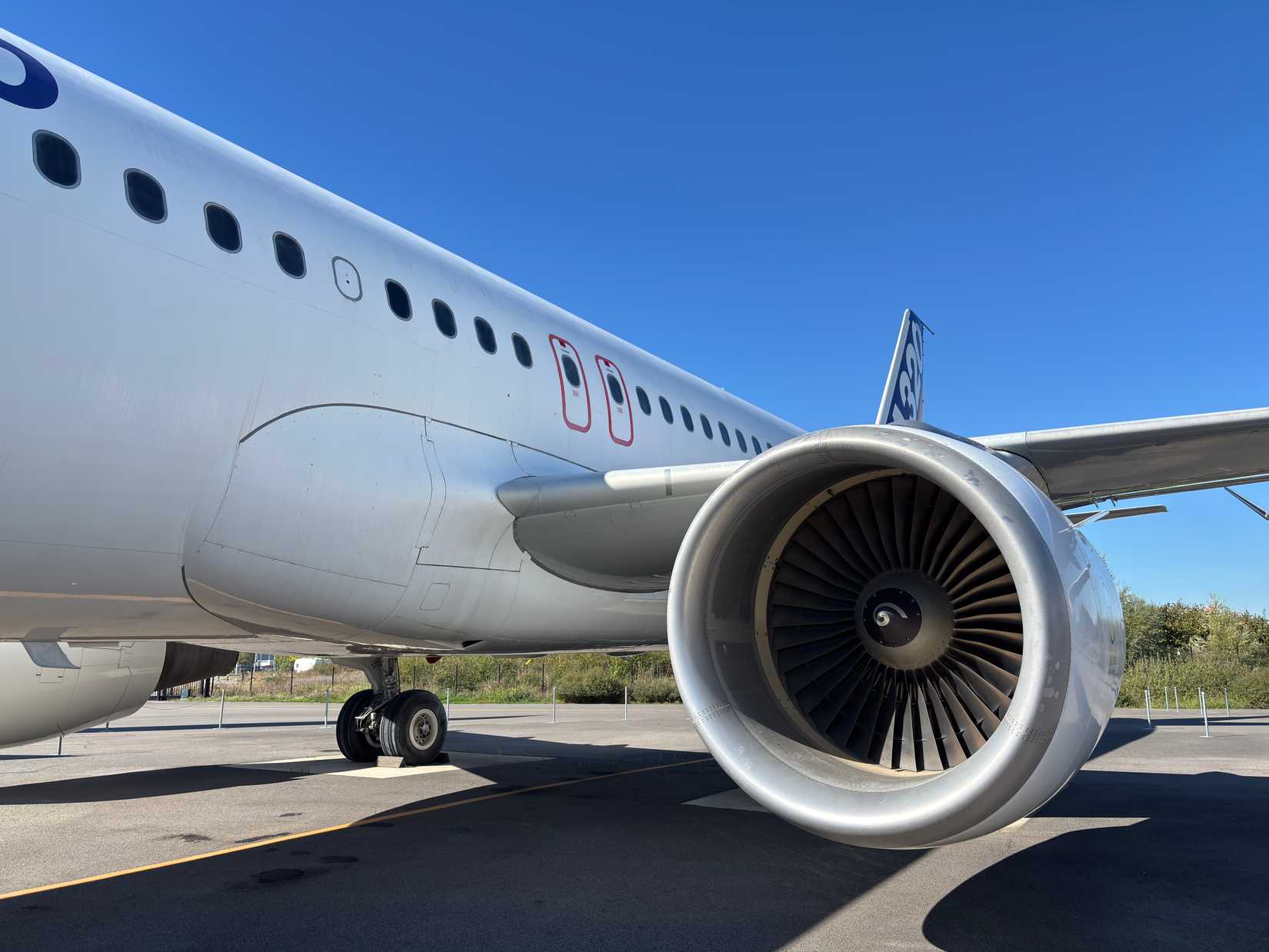 Close-up of a turbofan engine on static display outside Aeroscopia aviation museum in Toulouse.
