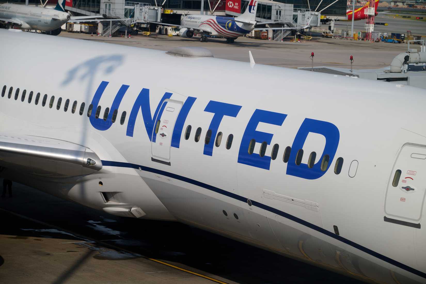 Close-up of United Airlines jet fuselage