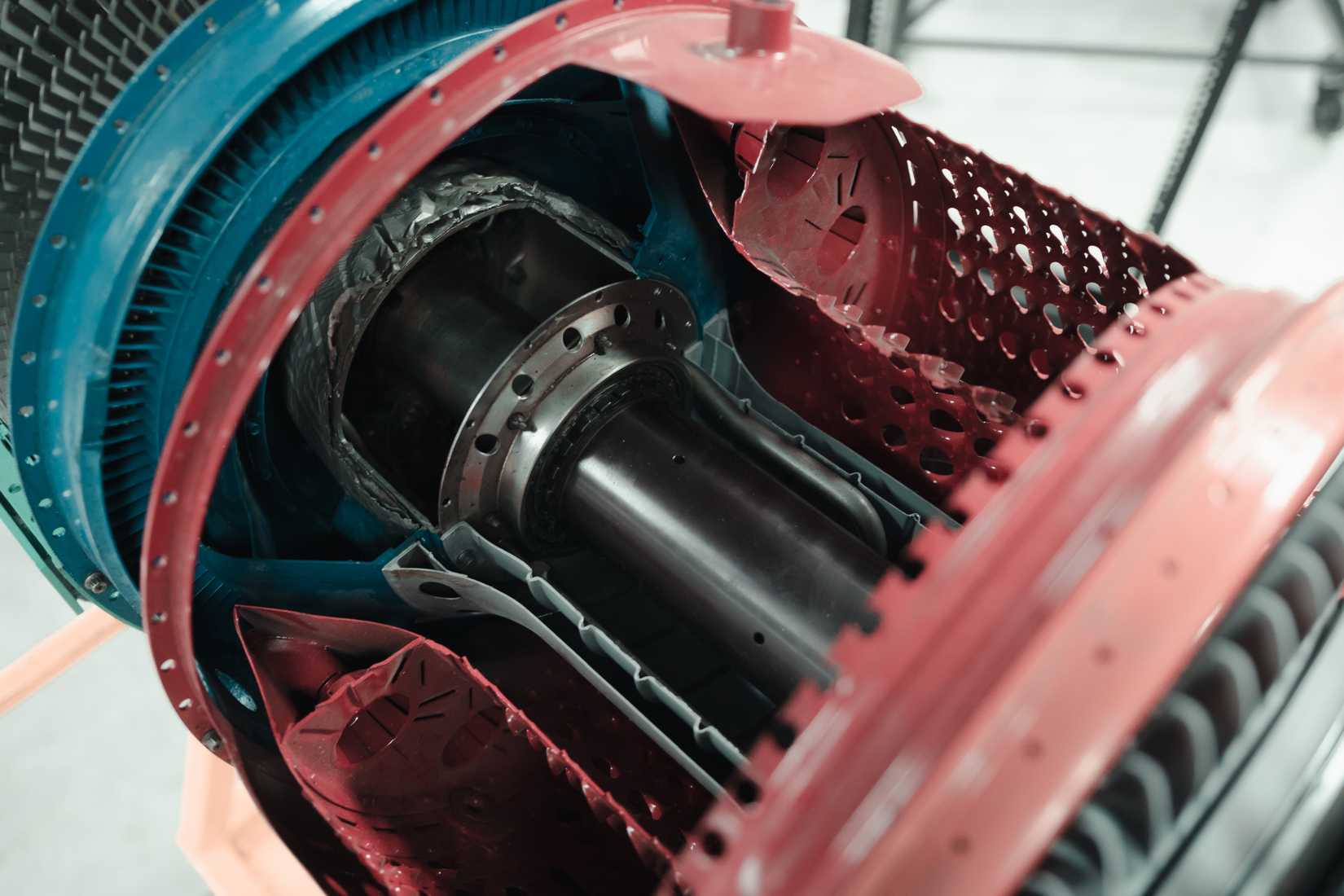 Combustion Chamber of turbofan engine used in modern airplane cut open to reveals its interior.