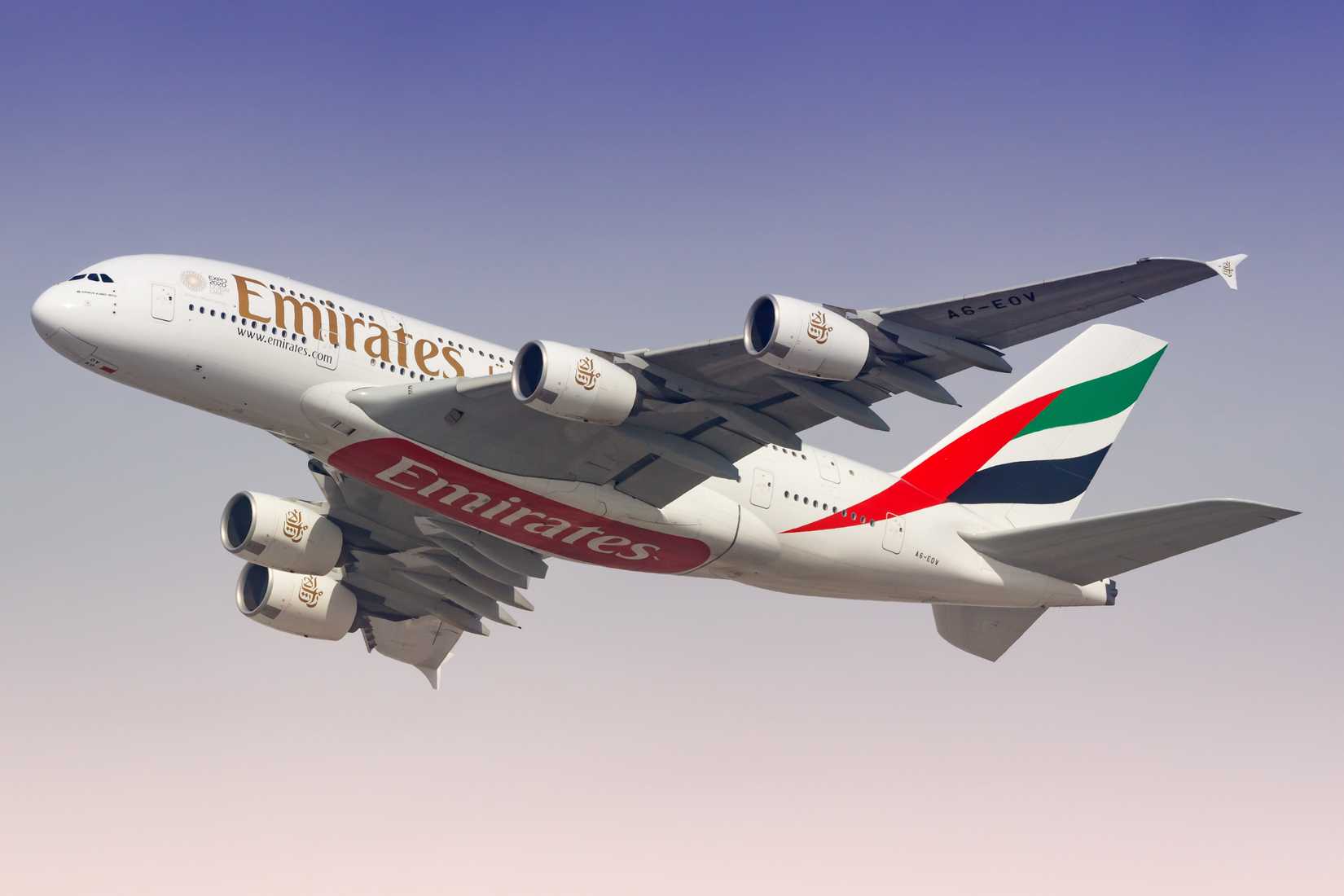 Emirates Airbus A380 at Dubai International airport (DXB) in the United Arab Emirates.