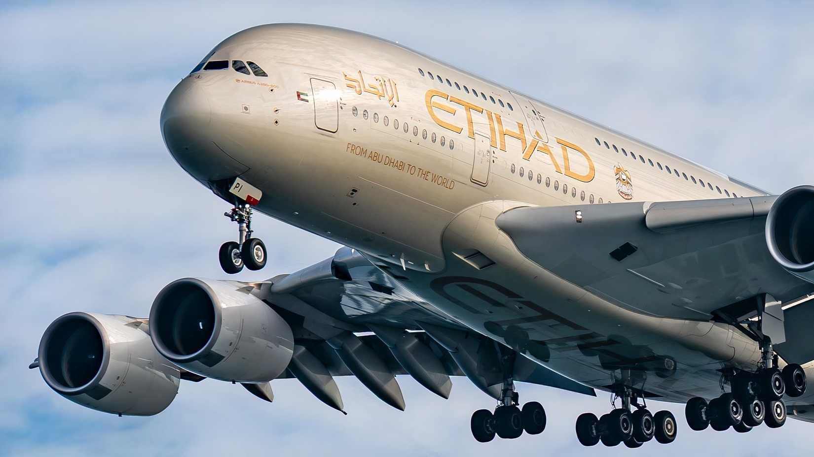Etihad Airbus A380 on final approach after another long flight