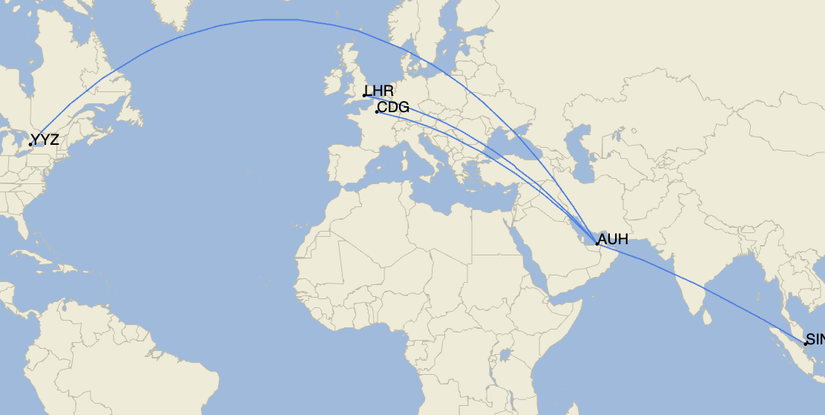 A flight route map showing routes originating from a central hub labeled "AUH" (Abu Dhabi). Blue lines connect this hub to four other major airports across the globe: "LHR" (London) and "CDG" (Paris) in Europe, "YYZ" (Toronto) in North America, and "SIN" (Singapore) in Southeast Asia.
