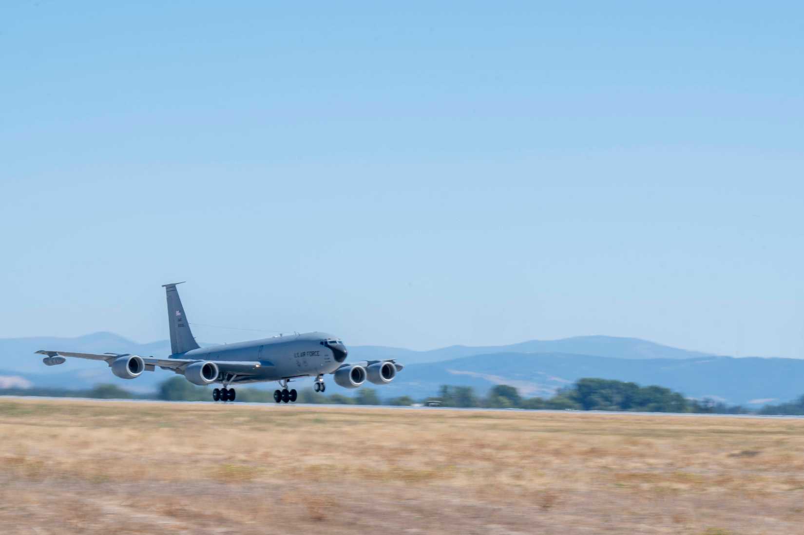 KC-135 Stratotanker assigned to the 92nd Air Refueling Wing takes off at Fairchild Air Force Base.