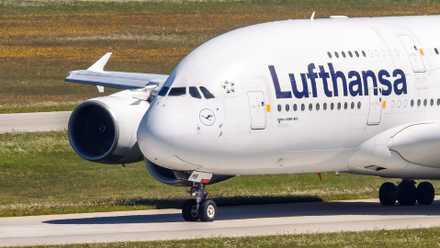 Lufthansa Airbus A380 taxiing for take off at Munich