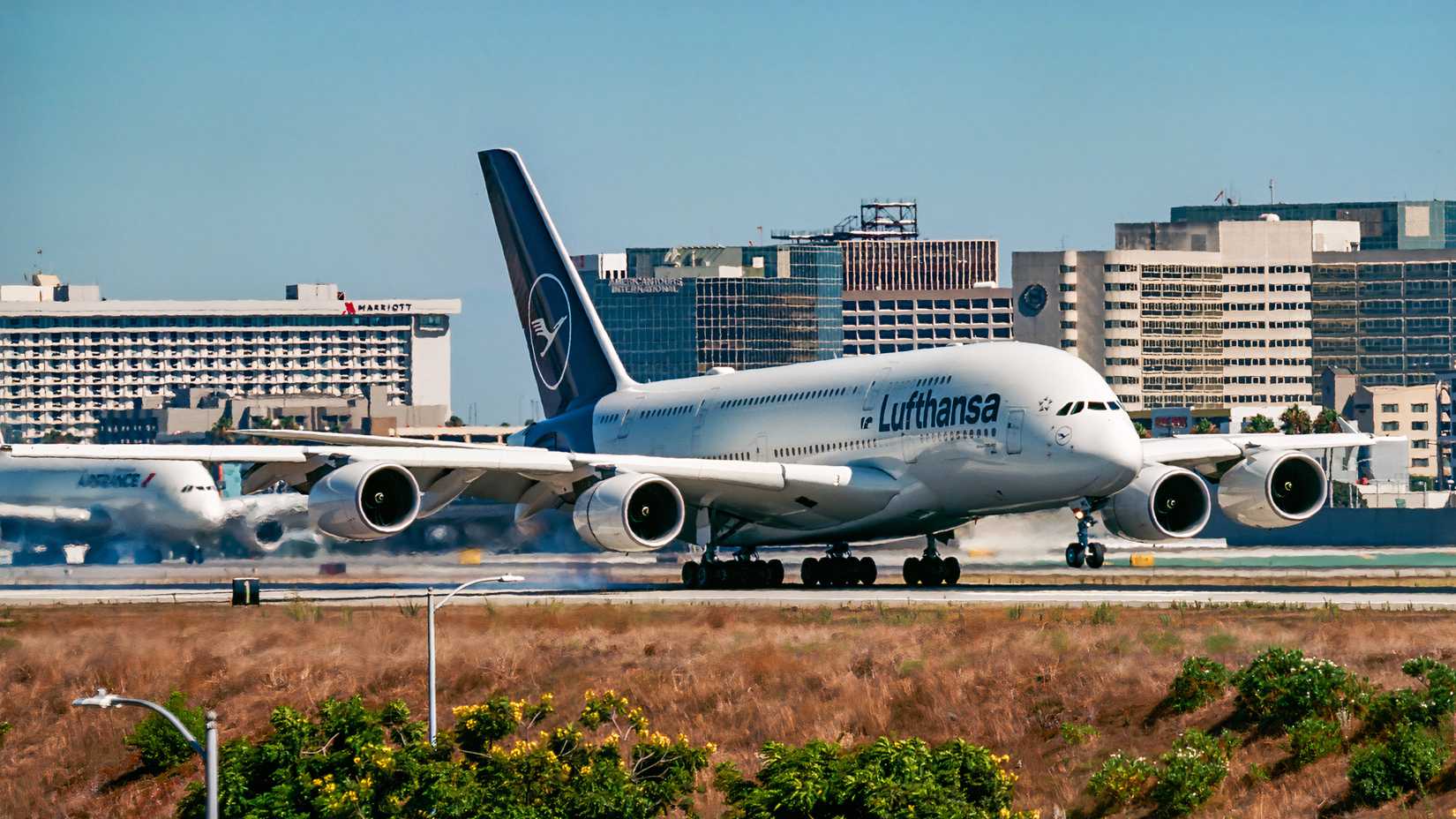 Lufthansa Airbus A380 touching down in Los Angeles after another flight from Munich