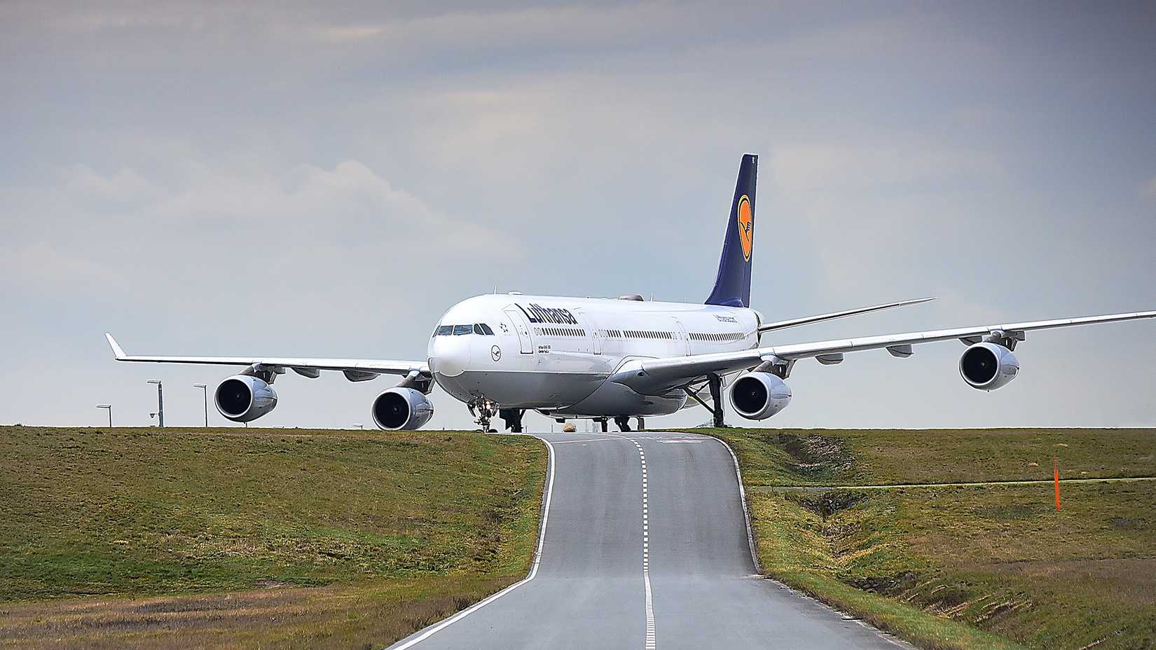 LUFTHANSA Airlines Airbus A340-300 lands at Frankfurt airport.