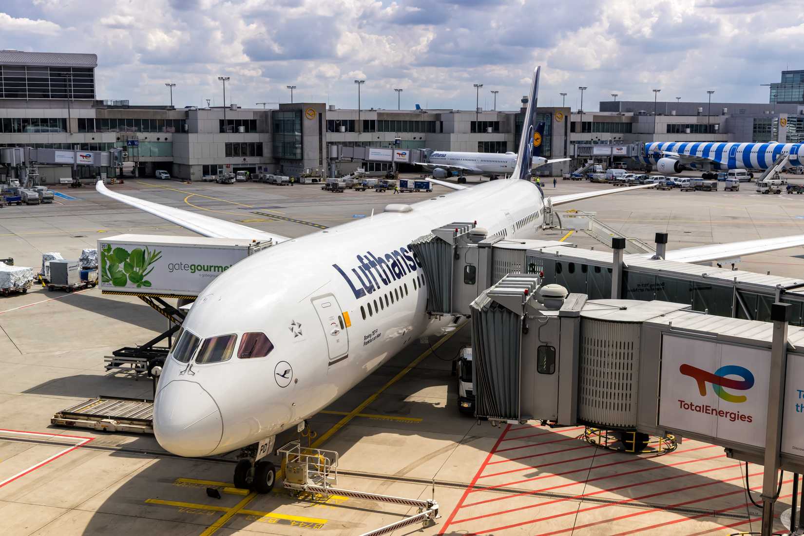 Lufthansa Boeing 787-9 Dreamliner airplane at Frankfurt airport in Germany.