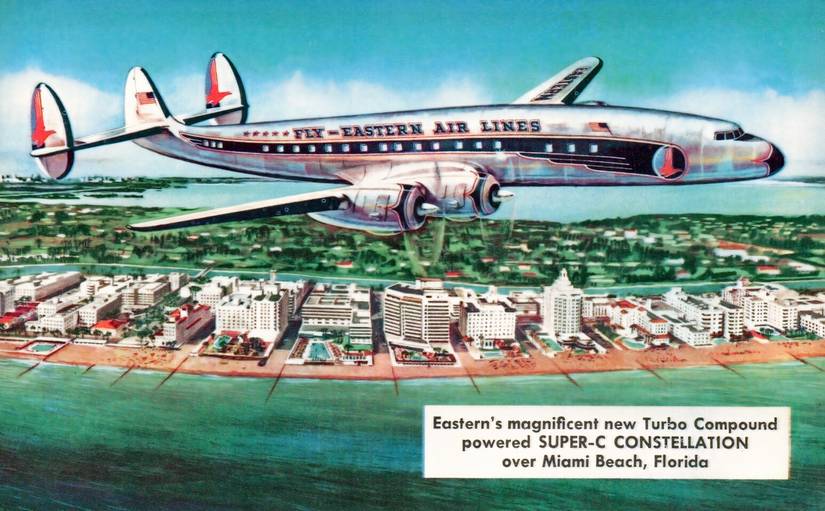 Eastern Airlines, Super-C Constellation over Miami Beach, Florida (A scan of a postcard)