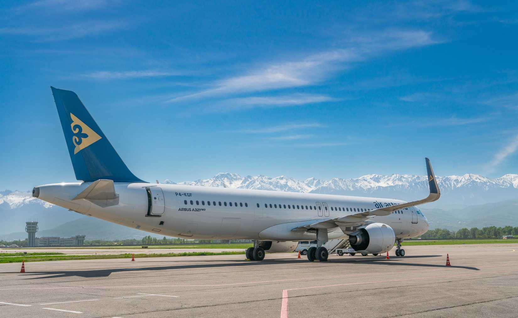 Planes of the national airline Air Astana on the runway International Airport of Almaty