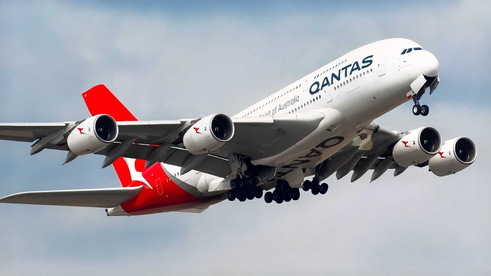Qantas Airbus A380 about to retract its gear ahead of another long flight