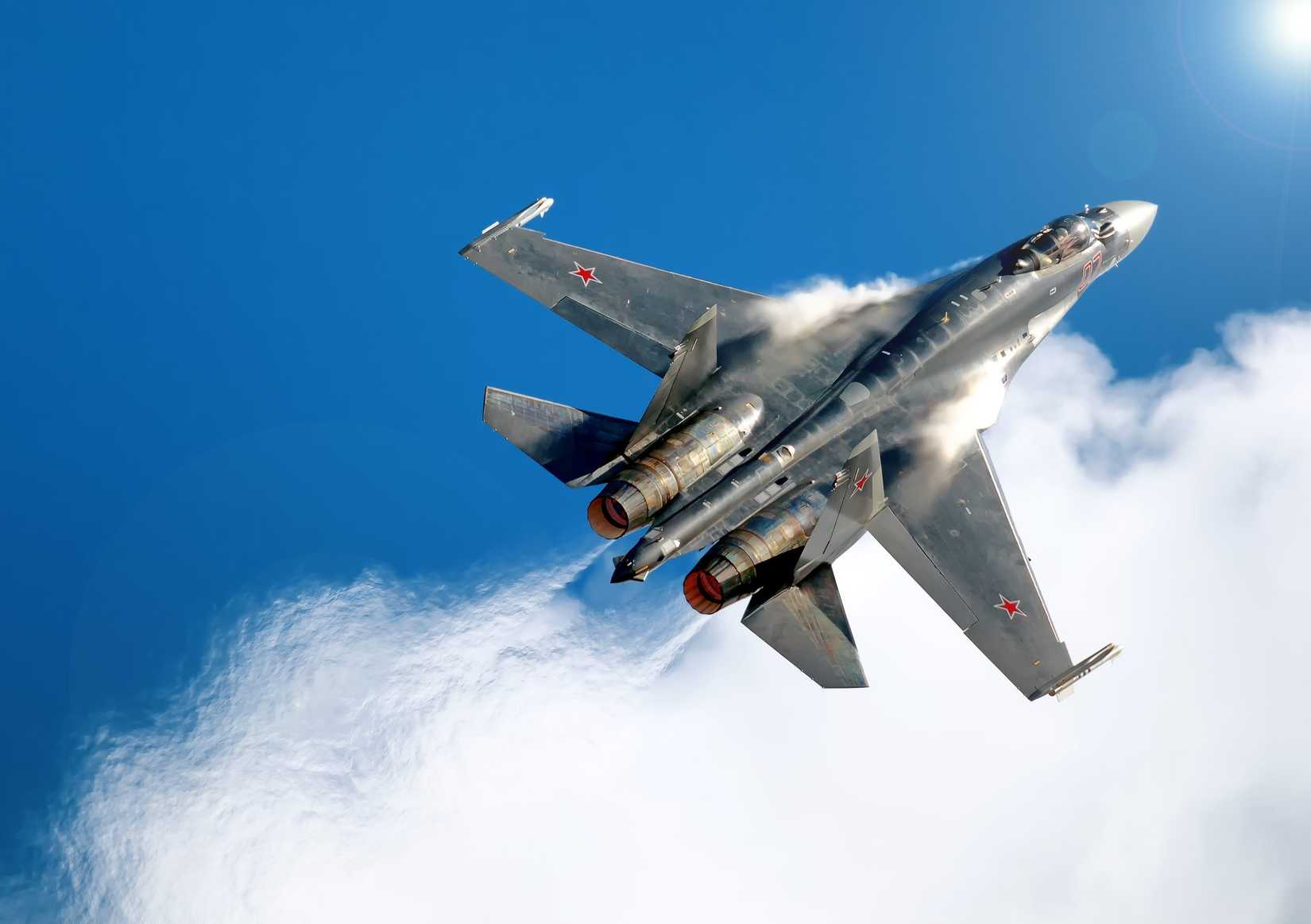 Russian Air Force twin jet engine Su-35 Flanker fighter.