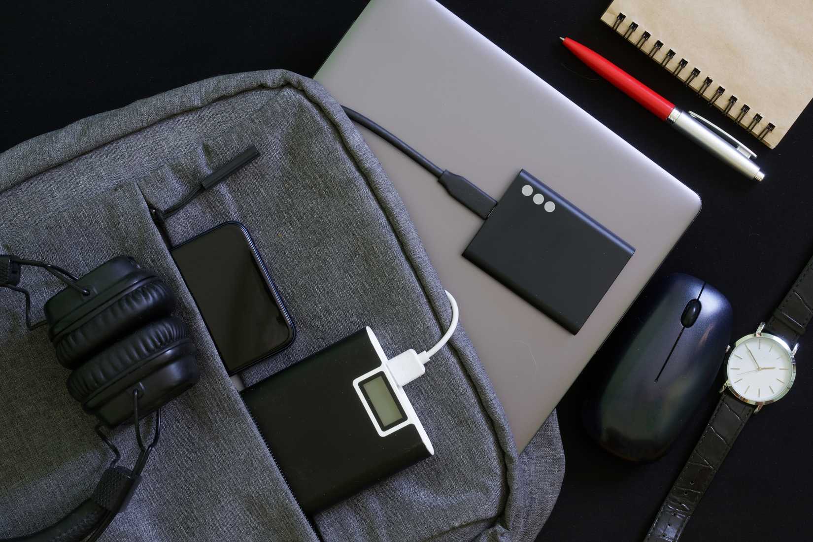 A passenger's bag with a laptop, power bank and other gadgets 