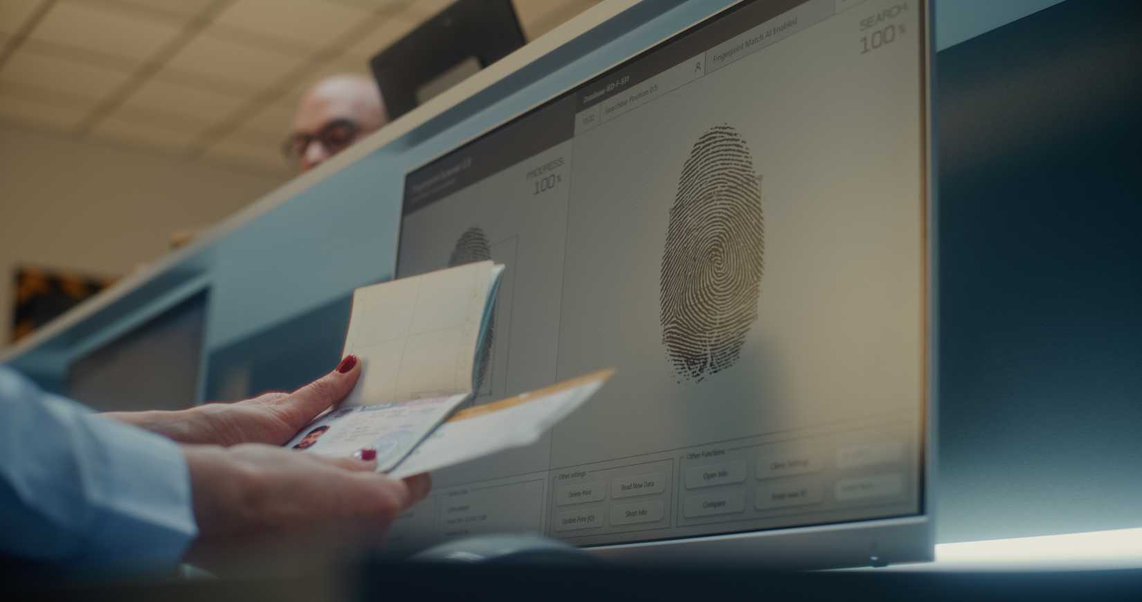 Airport Check-in Counter: Airline Agent Checking Documents, Airplane Ticket in Airport Terminal. Computer Program Analyzing Fingerprint Scanning and Biometric Data of Passenger for Boarding Flight