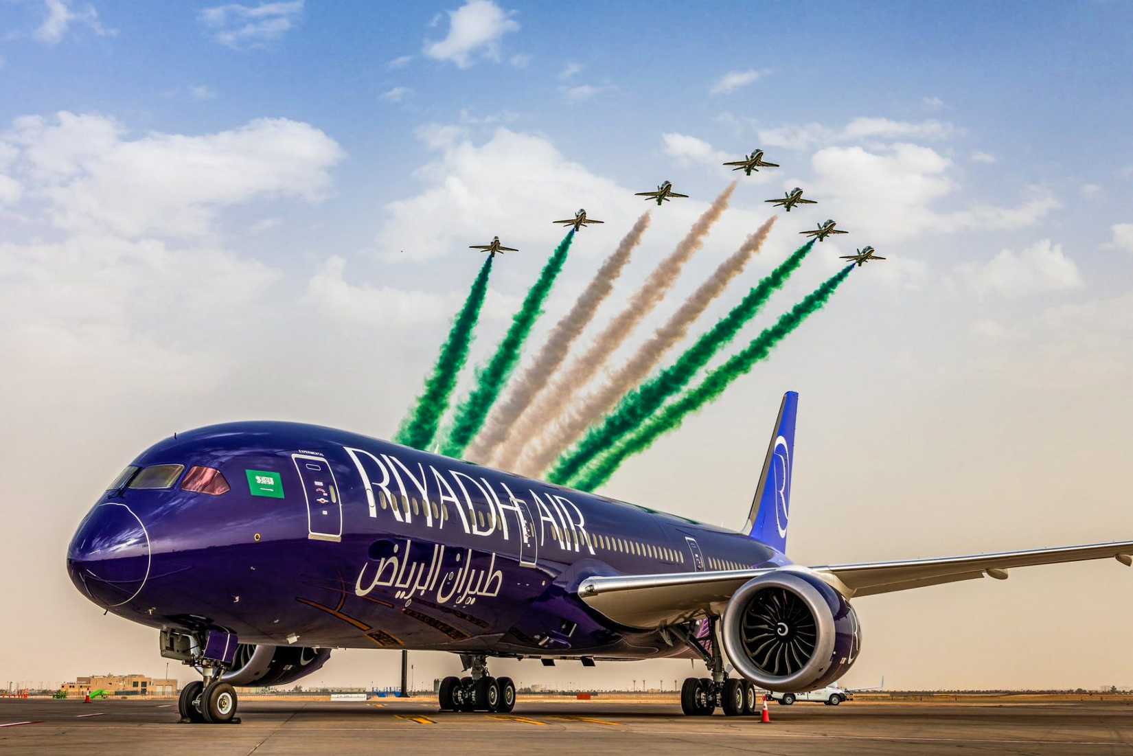 Riyadh Air Aircraft On Runway With Fighter Jet Flyover