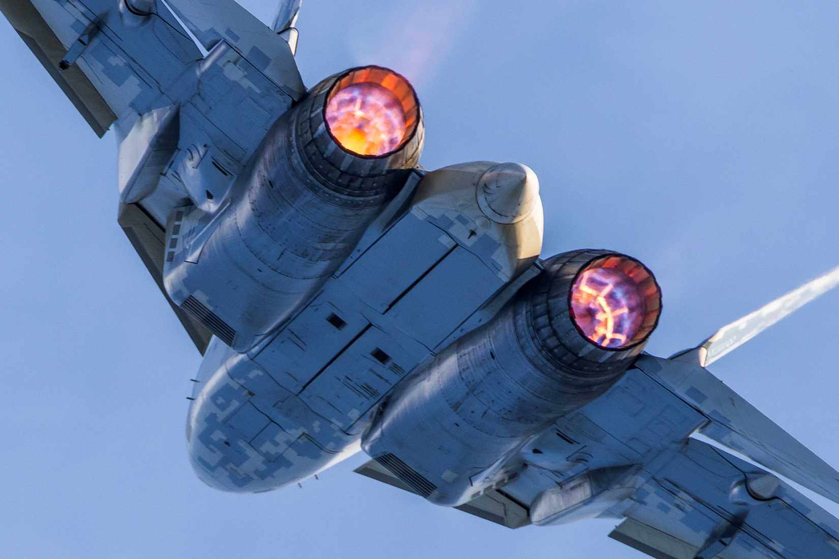 Sukhoi Su-57 jet fighter of russian air force performing demonstration flight during MAKS-2019 airshow.