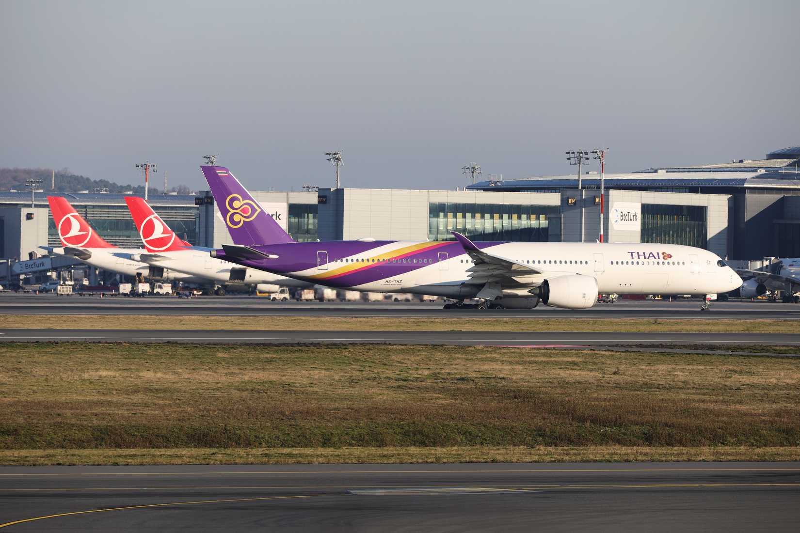 Thai Airways Airbus A350-900 ready for take off from Istanbul Airport to Bangkok.