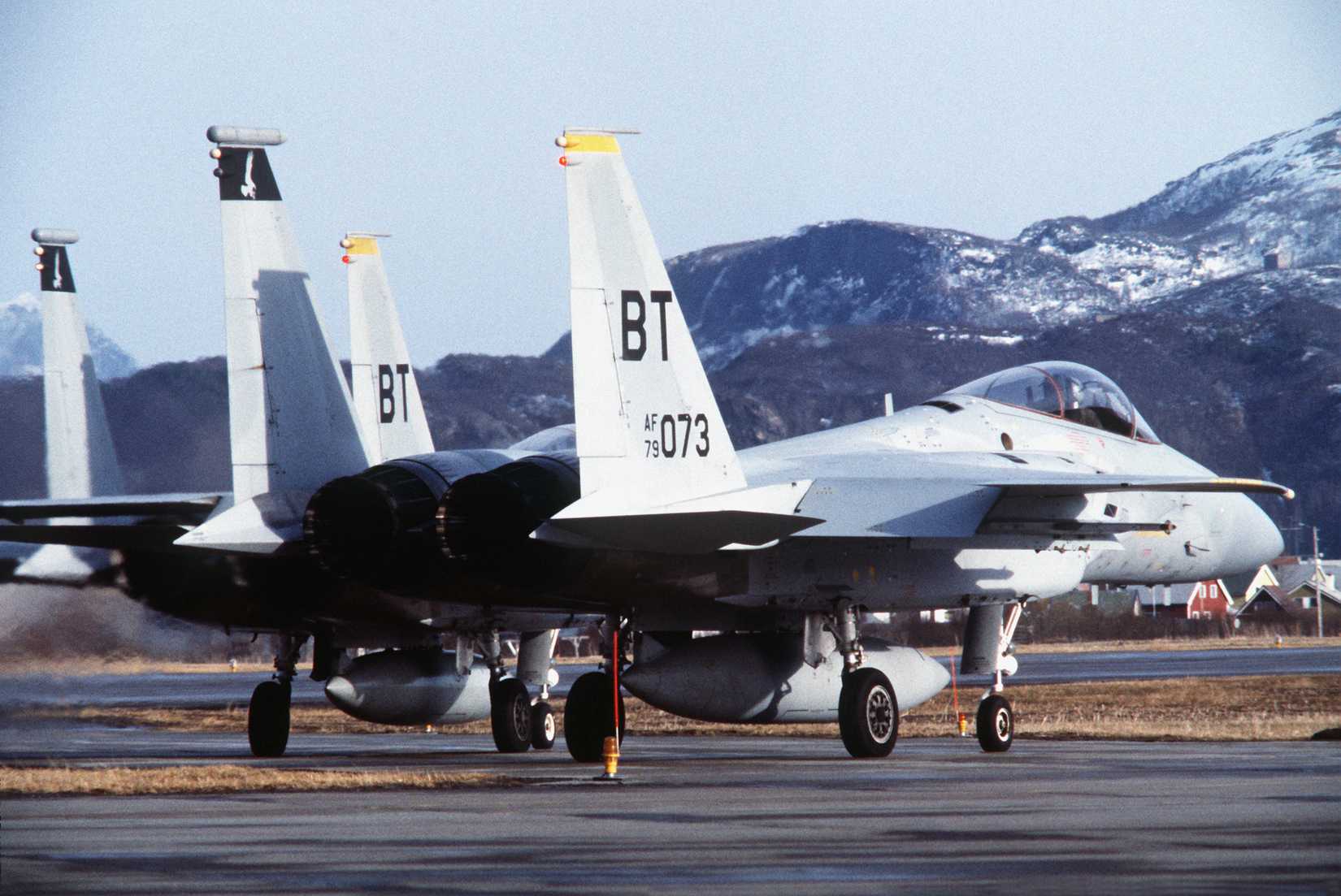 Two U.S. Air Force F-15A Eagle aircraft prepare to take off during exercise Alloy Express. The aircraft are from the 36th Tactical Fighter Wing