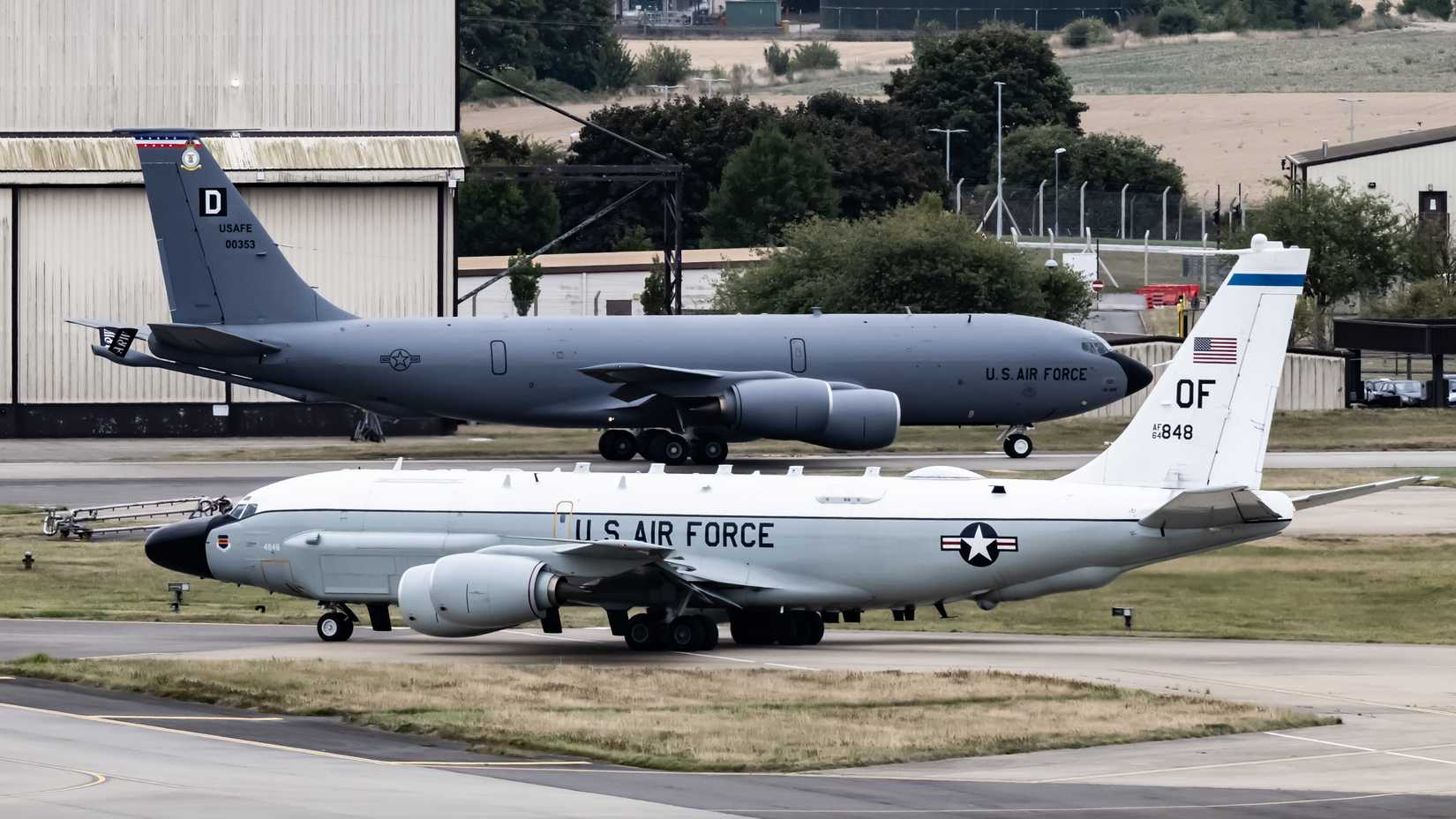 U.S. Air Force KC-135 Stratotanker, assigned to the 100th Air Refueling Wing, and a U.S. Air Force RC-135 Rivet Joint, assigned to the 95th Reconnaissance Squadron.