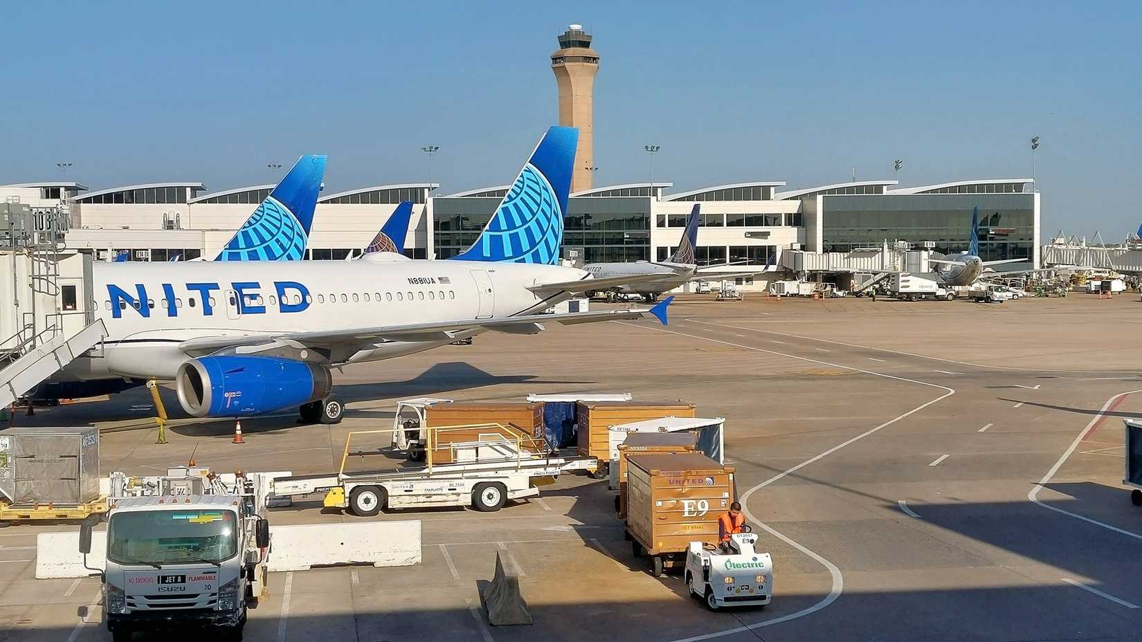 United Airlines Airbus A319 aircraft in the new livery parked at Terminal E at George Bush Houston Intercontinental Airport