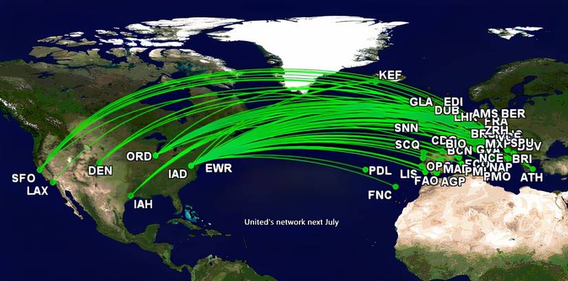 United's European routes in July 2026