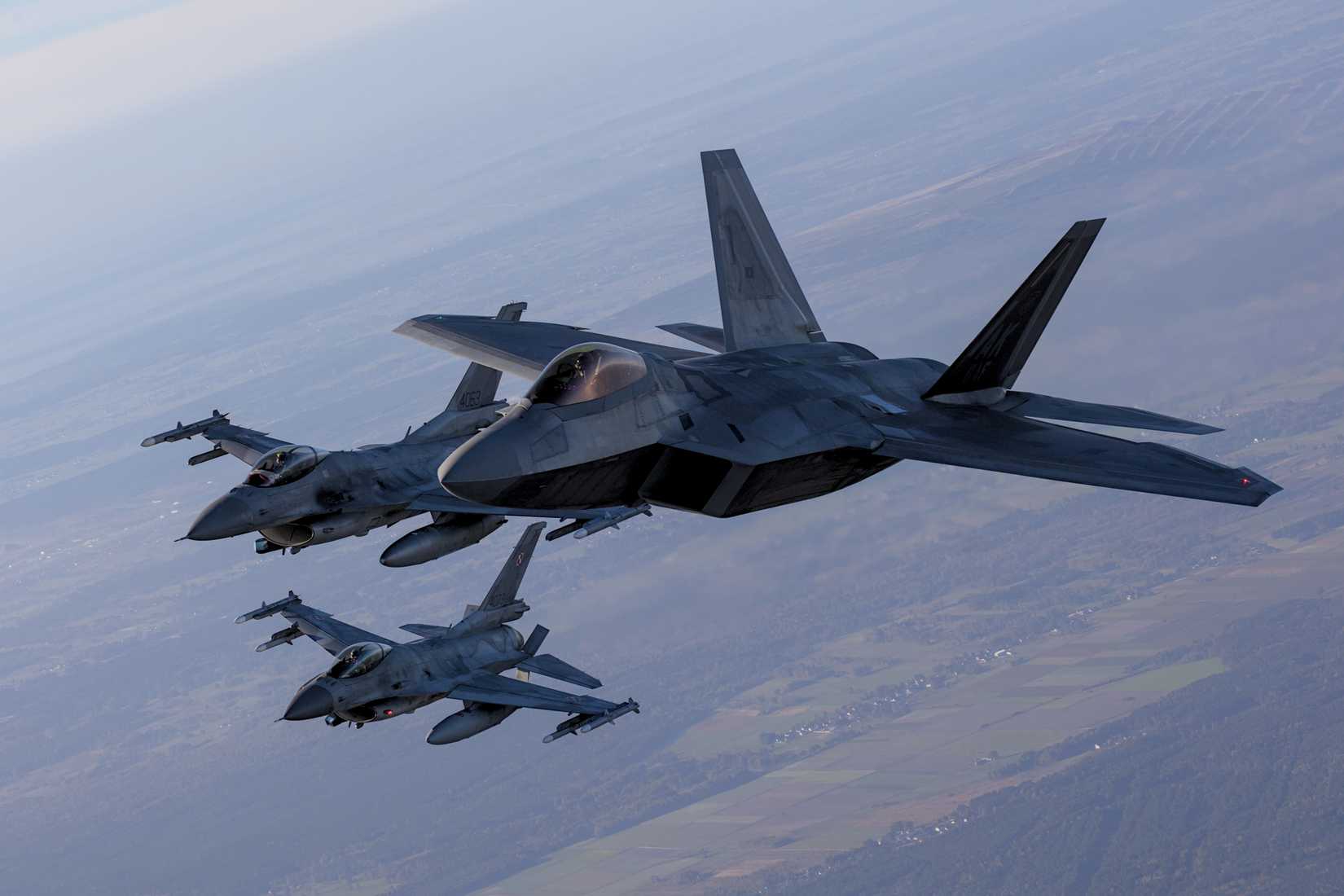US Air Force F-22 RAPTOR fighter jets overhead Poland.