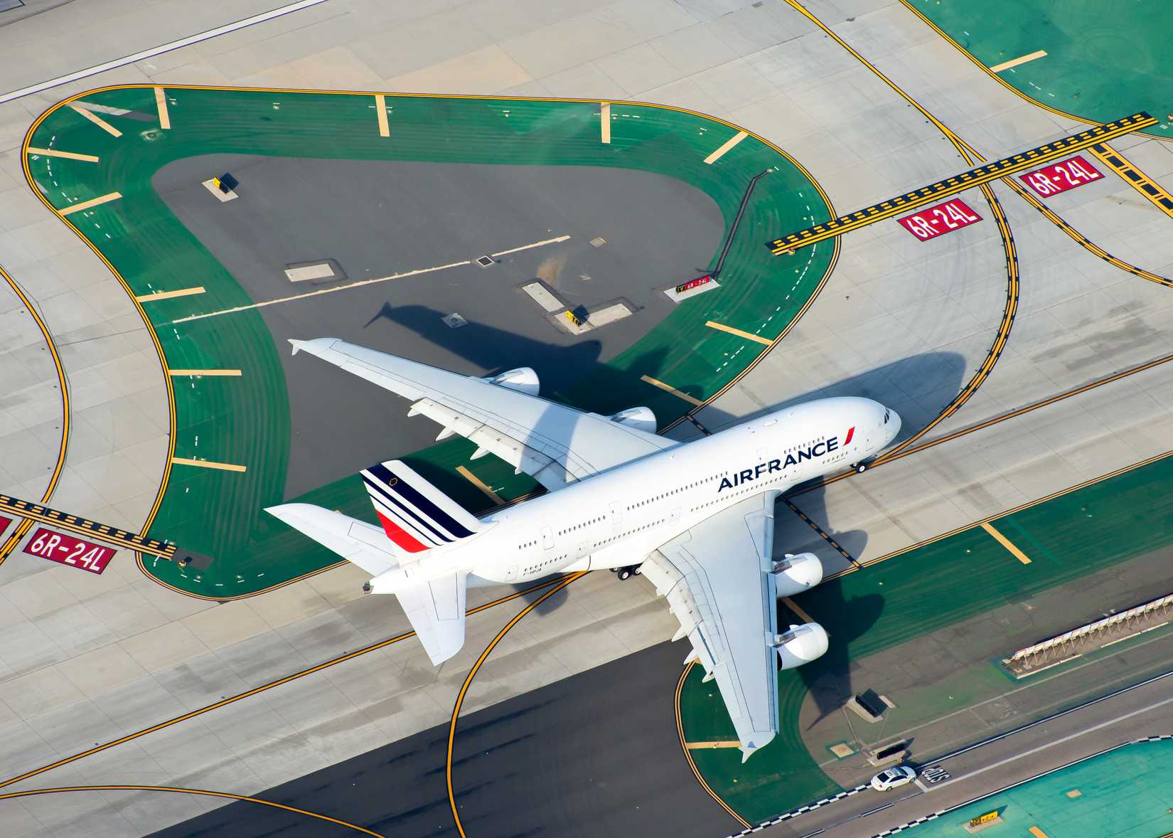Wide crop and aerial view of Air France Airbus A380