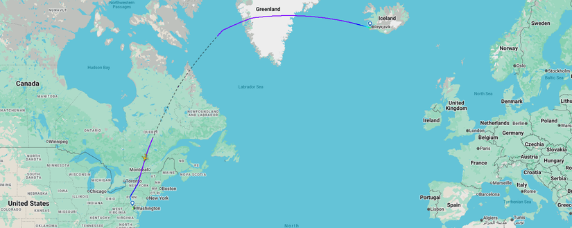 Wizz A321XLR Keflavik Washington Flight Map 06Nov25