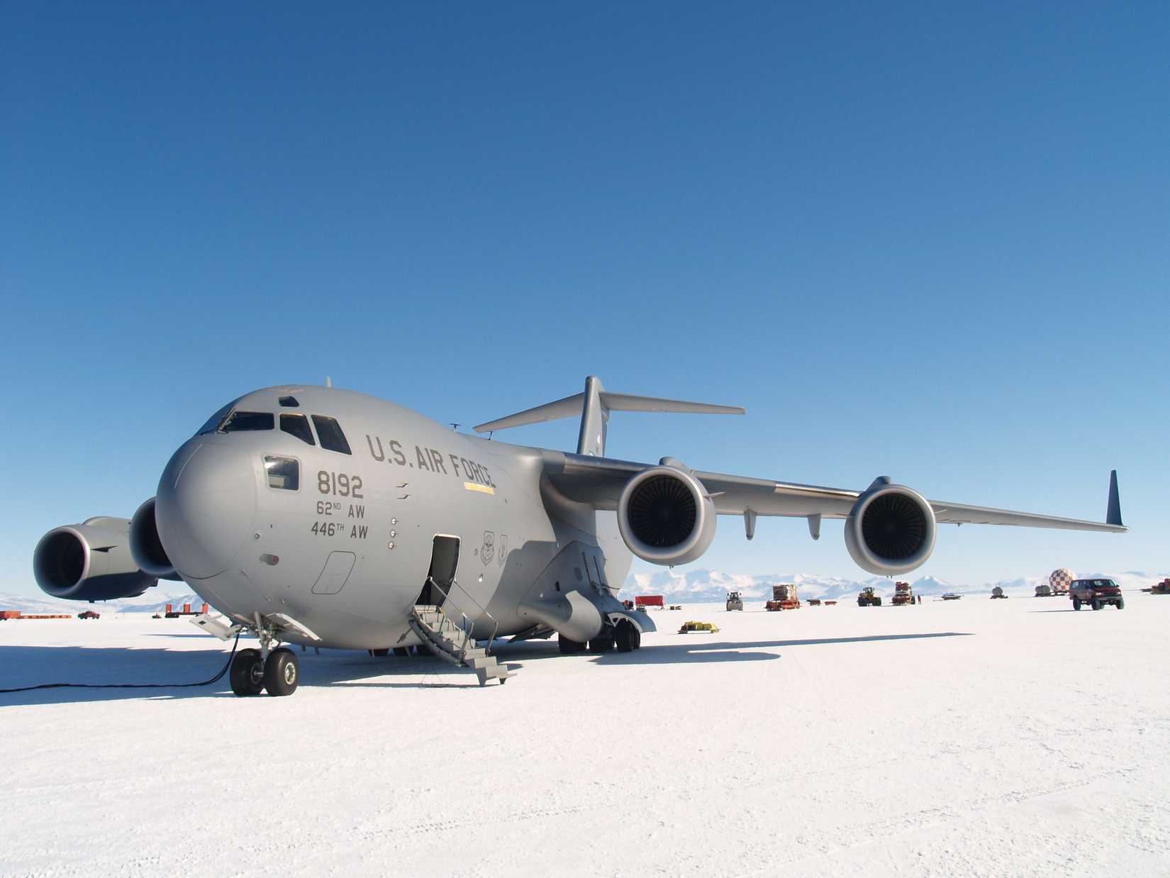 A C-17 sits on the ice runway at McMurdo Station, Antarctica, Nov. 21, 2011. The C-17 is a part of Operation Deep Freeze which provides airlift support to the National Science Foundation. The NSF manages the United States Antarctic Program. Courtesy photo