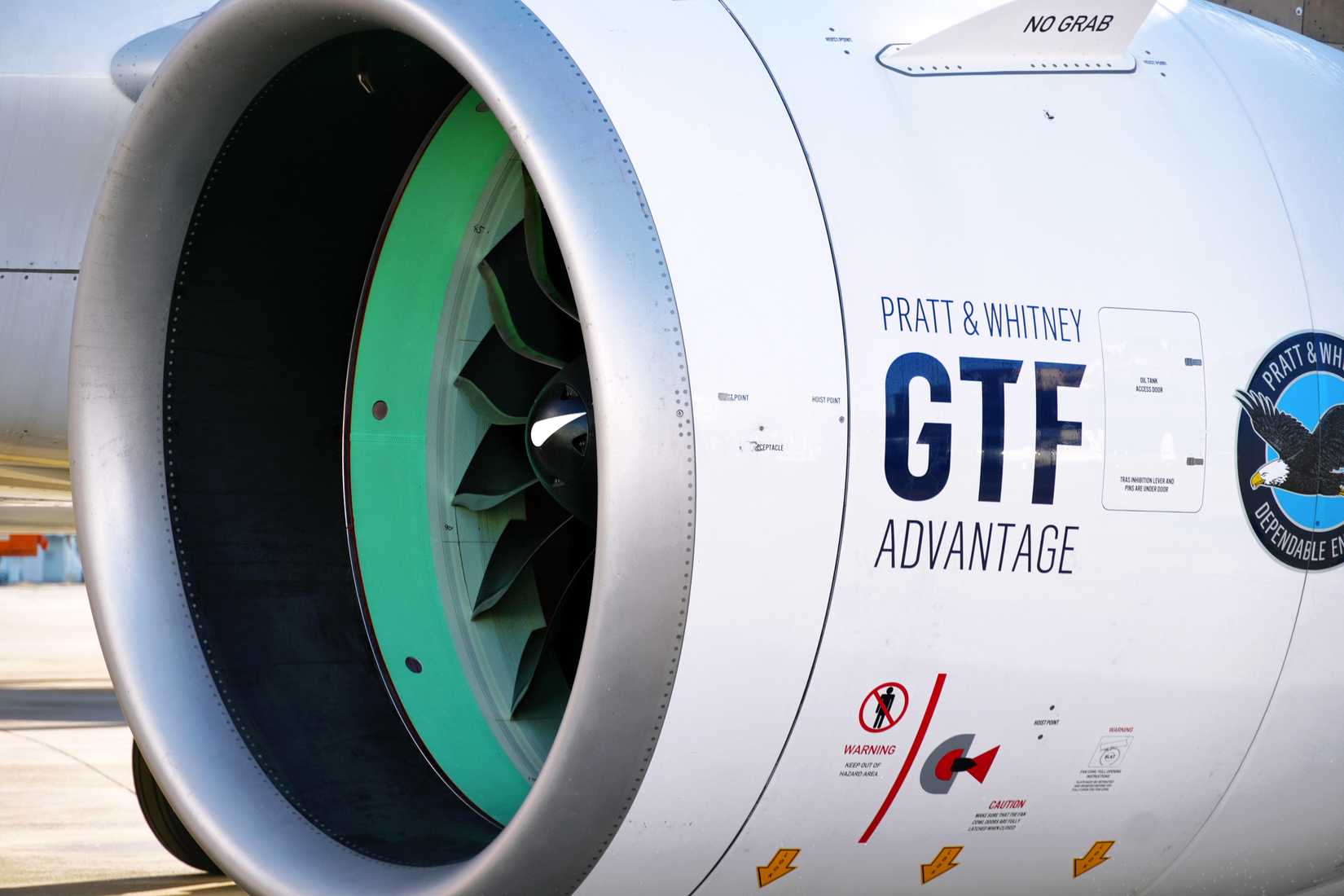 A close up a a Pratt and Whitney GTF engine on an A320NEO