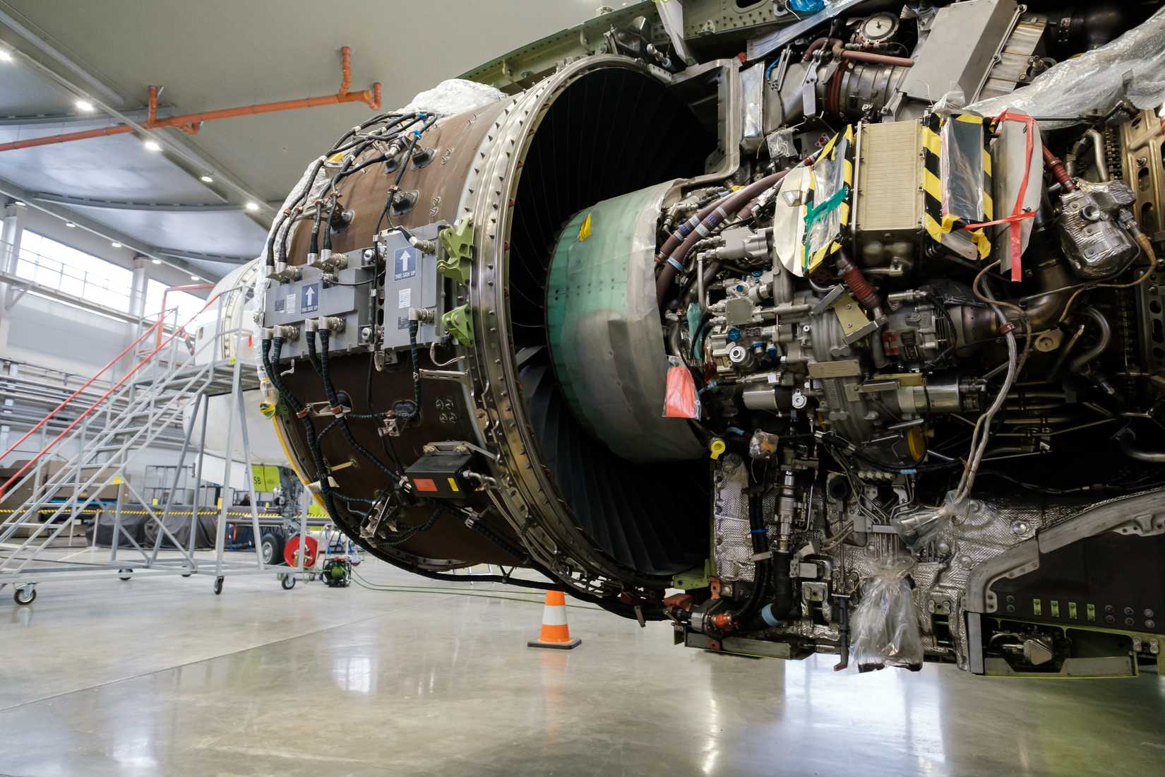 A partially disassembled Pratt Whitney PW1500G of the Airbaltic Airbus A220 airplane