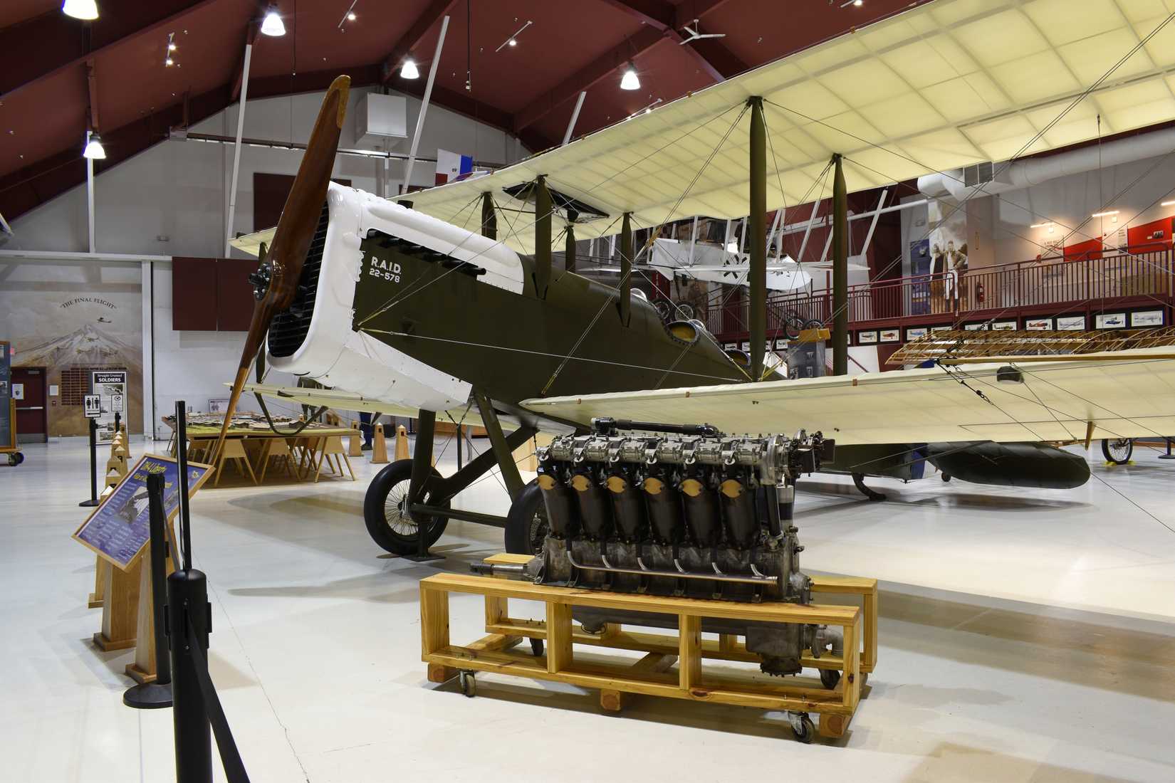 A restored 1918 DeHavilland DH-4 Liberty airplane. Part of the collection at Pearson Air Museum.