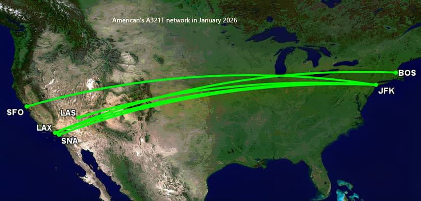 AA A321T network in January 2026