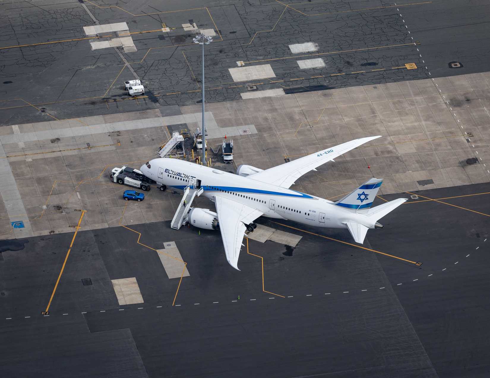 Aerial view of El Al 787 Dreamliner parked at Boston airport.