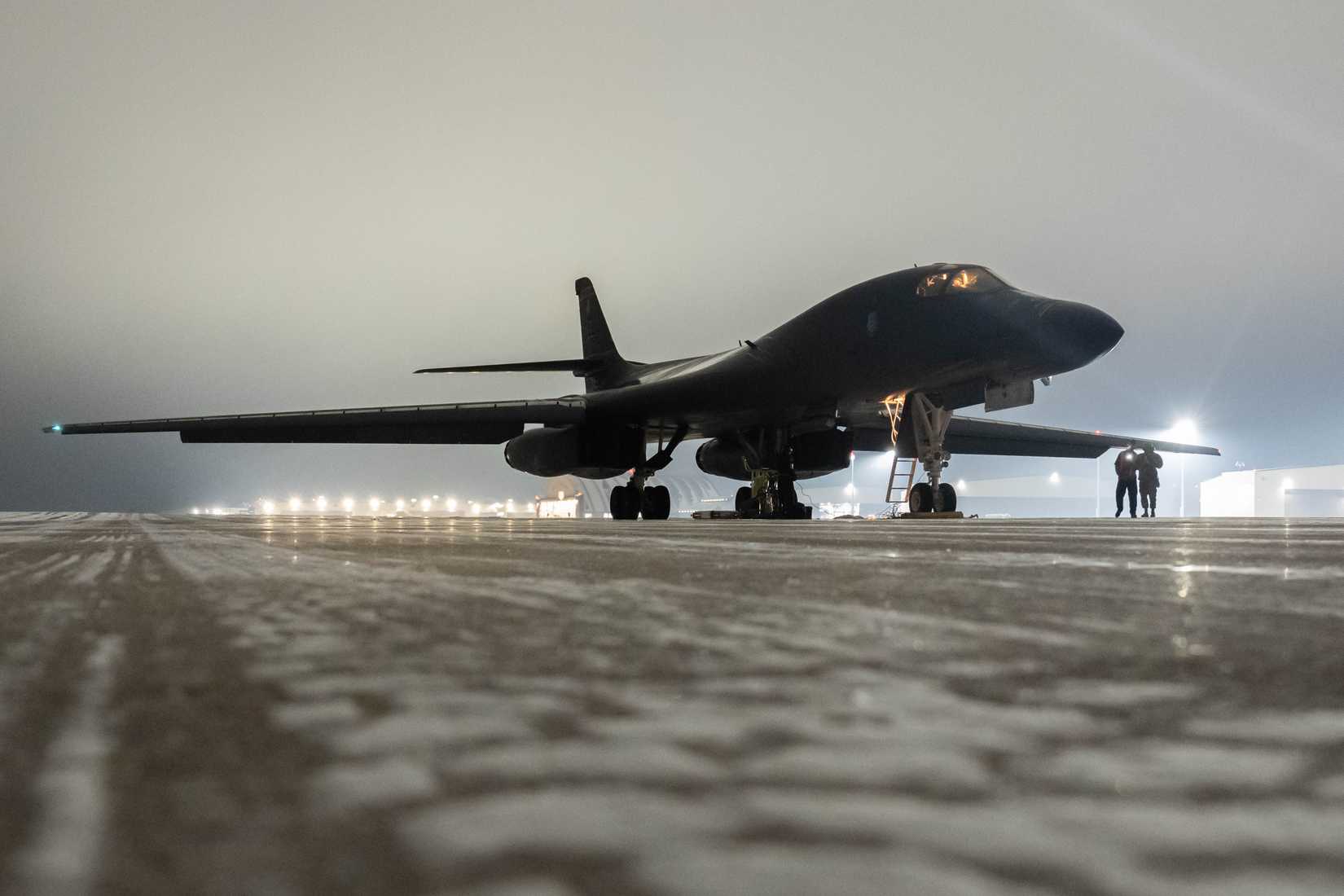 Air Force B-1B Lancer assigned to the 28th Bomb Wing is parked and begins maintenance inspections at Ellsworth Air Force Base