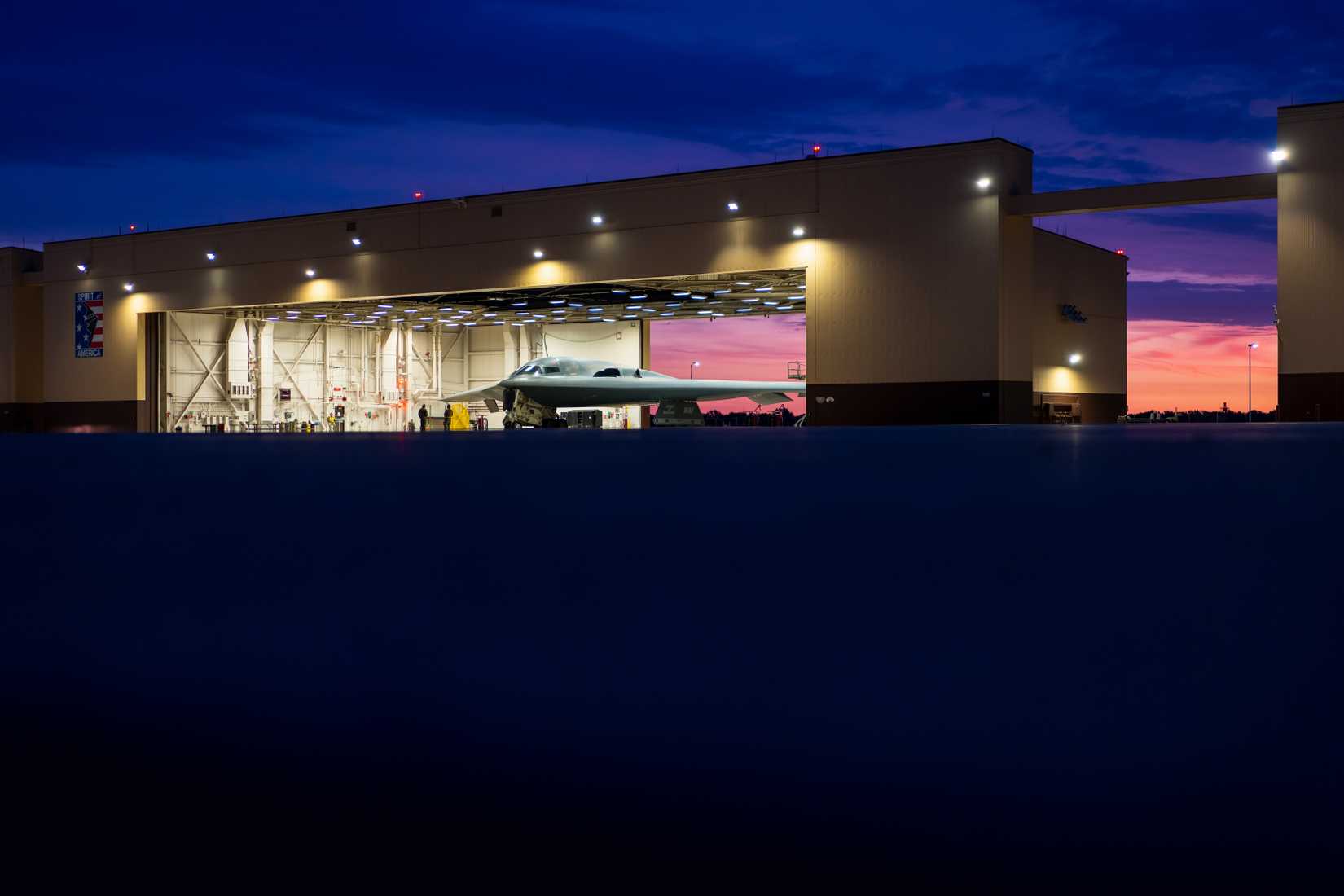 Air Force B-2 Spirit aircraft is shown in a hangar during Exercise Global Thunder 26