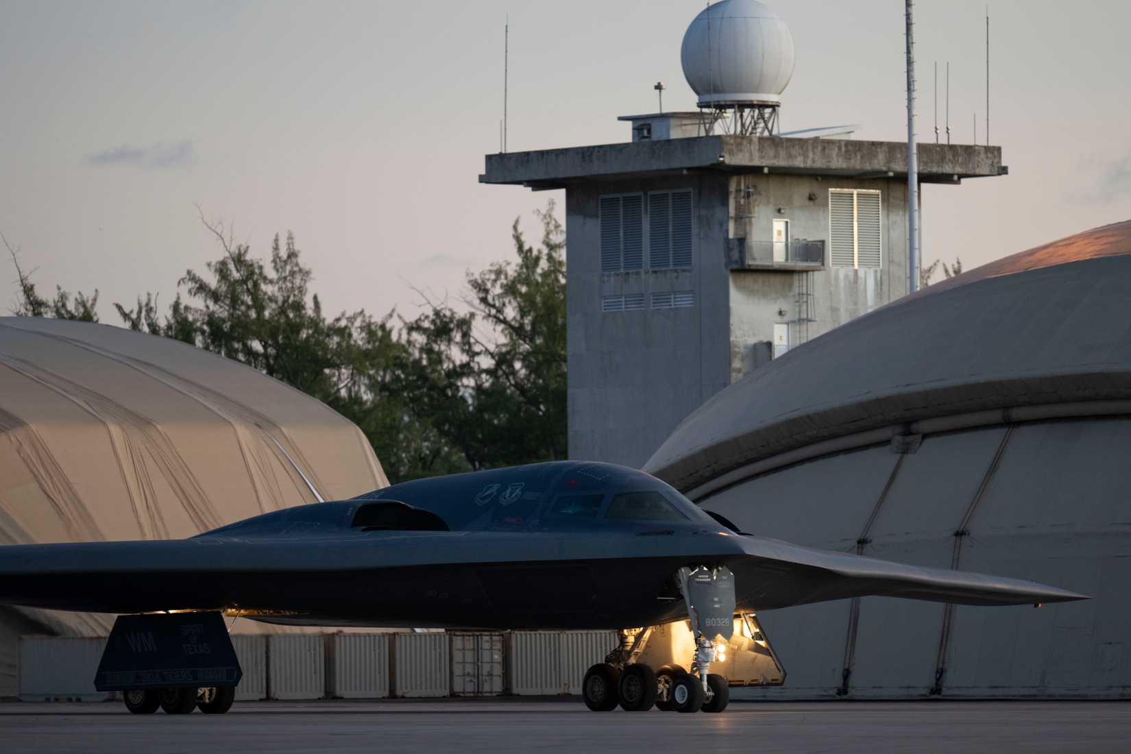 Air Force B-2 Spirit stealth bomber taxis after a combat mission at Diego Garcia.