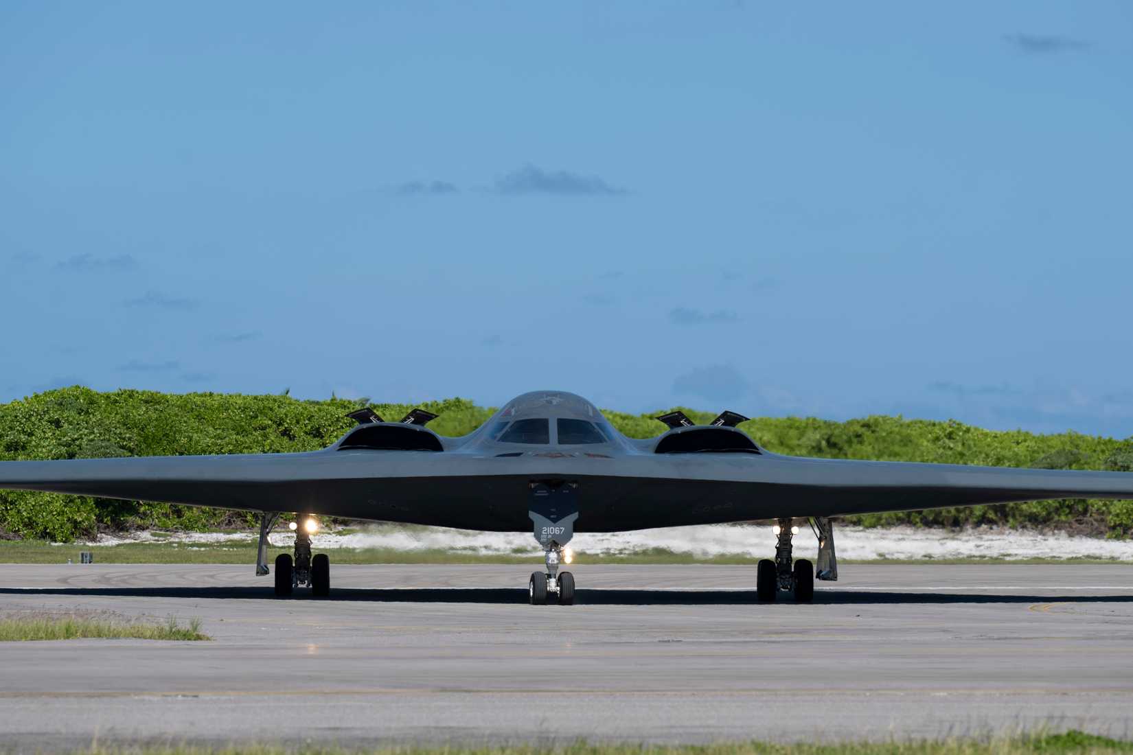 Air Force B-2 Spirit stealth bomber taxis after landing at Diego Garcia